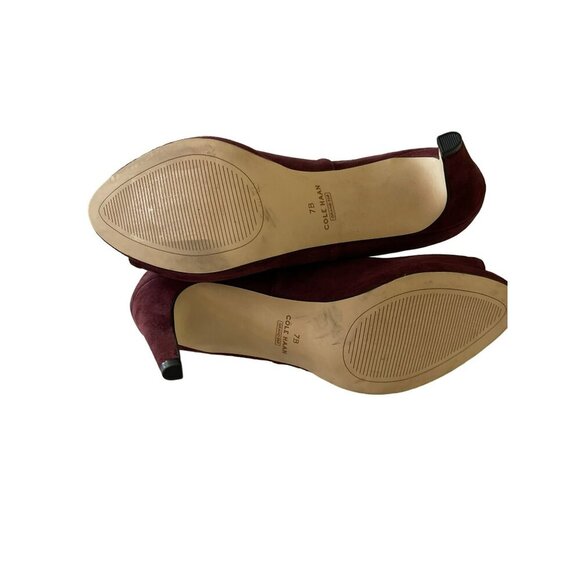 Cole Haan Size 7B Burgundy Suede Peep Toe Ankle Heel Booties - Picture 6 of 8